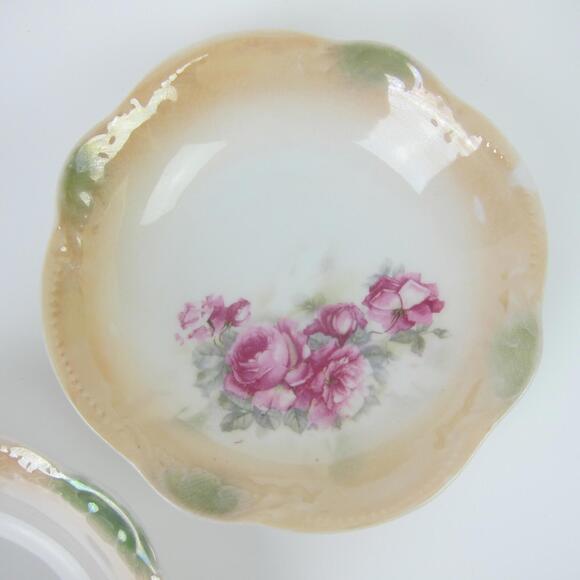 5 Antique Porcelain Bowls Lusterware Roses Pink Green Three Crown China Germany - Picture 3 of 9